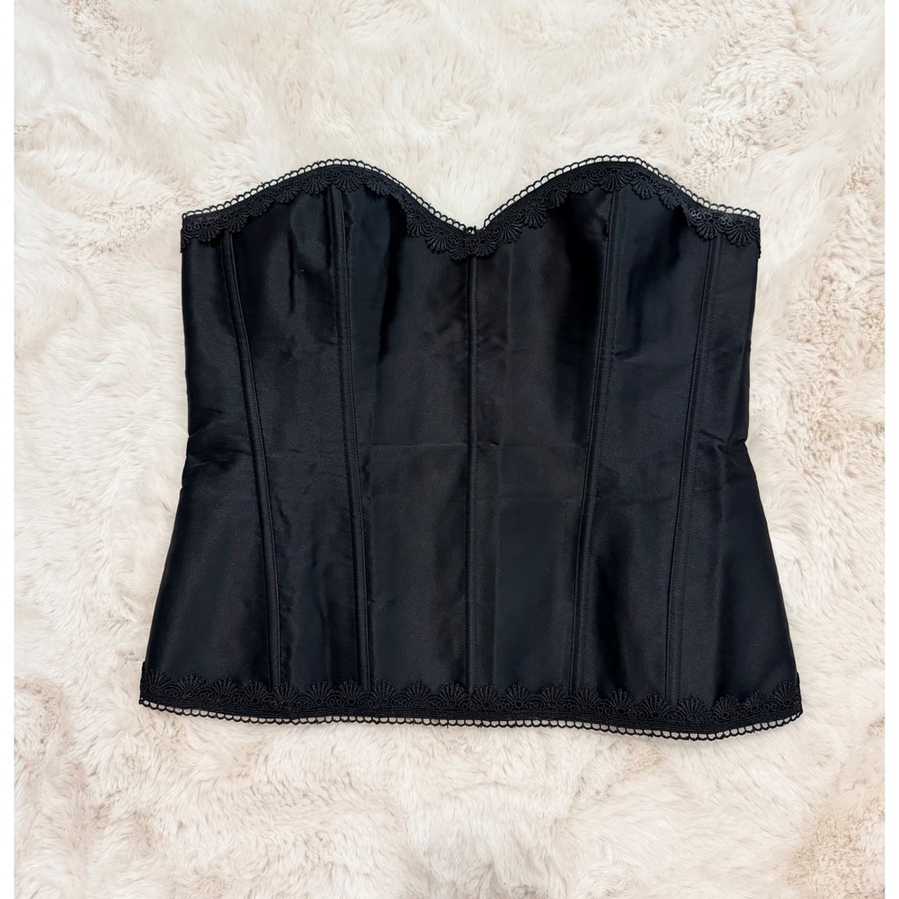 iCollection Black Lace Trim Corset Top Strapless Lace Up Back Size 42